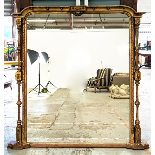 170 - OVERMANTEL MIRROR, mid 19th century Victorian giltwood and gesso with decorative detail, 166cm x 161... 