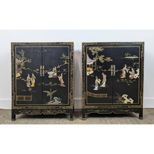 172 - SIDE CABINETS, a pair, Chinese black lacquer, gilt and relief decorated, each with two doors, 77cm H... 