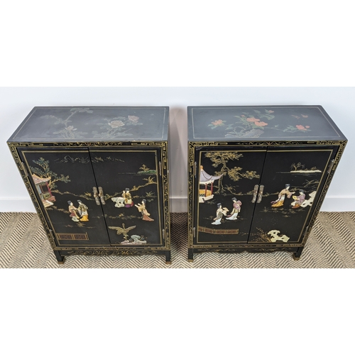 172 - SIDE CABINETS, a pair, Chinese black lacquer, gilt and relief decorated, each with two doors, 77cm H... 