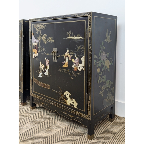 172 - SIDE CABINETS, a pair, Chinese black lacquer, gilt and relief decorated, each with two doors, 77cm H... 