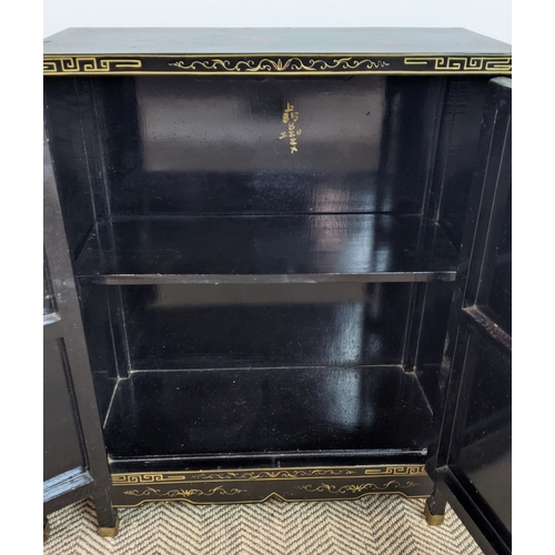 172 - SIDE CABINETS, a pair, Chinese black lacquer, gilt and relief decorated, each with two doors, 77cm H... 