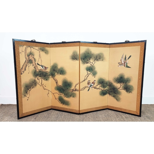 173 - SCREEN, Chinese ebonised, painted silk and paper backed of four folding panels, overall 84cm H x 160... 