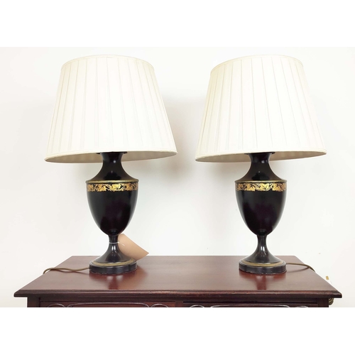 174 - TABLE LAMPS, a pair, Regency style toleware, black with gilt highlights and pleated shades, 70cm H. ... 