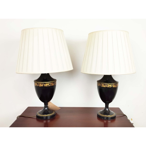 174 - TABLE LAMPS, a pair, Regency style toleware, black with gilt highlights and pleated shades, 70cm H. ... 