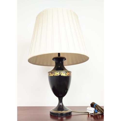 174 - TABLE LAMPS, a pair, Regency style toleware, black with gilt highlights and pleated shades, 70cm H. ... 