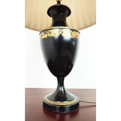 174 - TABLE LAMPS, a pair, Regency style toleware, black with gilt highlights and pleated shades, 70cm H. ... 