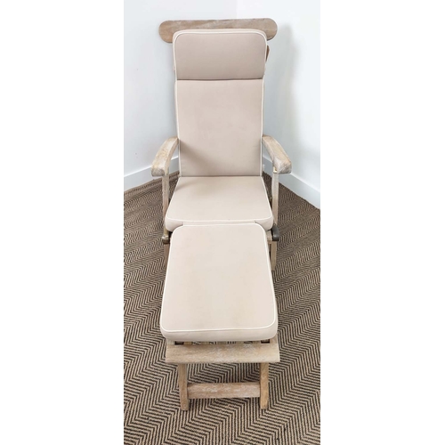 184 - STEAMER RECLINER, weathered teak with cushions, 160cm L.