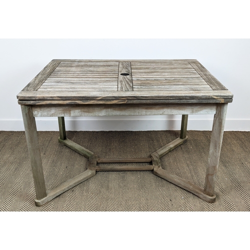 186 - GARDEN TABLE, weathered teak, 120cm W x 91cm D, folded but extending to 182cm H x 91cm D.