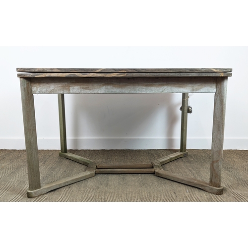 186 - GARDEN TABLE, weathered teak, 120cm W x 91cm D, folded but extending to 182cm H x 91cm D.