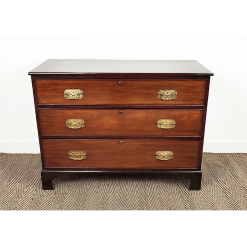 188 - CHEST, 19th century mahogany of three drawers with floral brass handles, 87cm H x 108cm x 47cm.