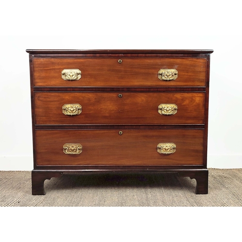 188 - CHEST, 19th century mahogany of three drawers with floral brass handles, 87cm H x 108cm x 47cm.