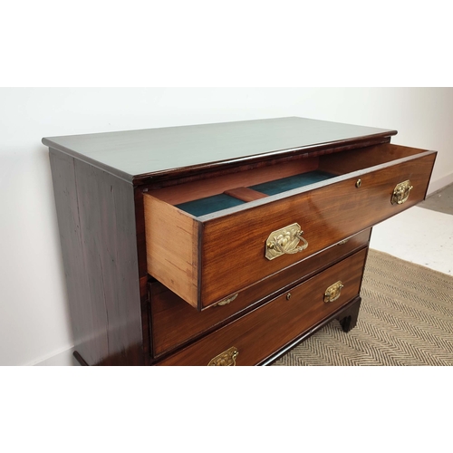 188 - CHEST, 19th century mahogany of three drawers with floral brass handles, 87cm H x 108cm x 47cm.