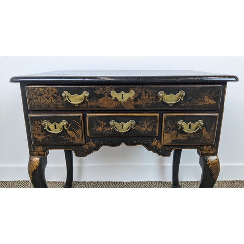 202 - LOWBOY, Queen Anne style chinoiserie decorated with four drawers, 78cm W x 50cm D x 78cm H.