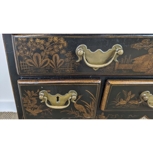 202 - LOWBOY, Queen Anne style chinoiserie decorated with four drawers, 78cm W x 50cm D x 78cm H.