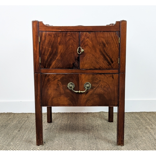 203 - BEDSIDE CABINET, George III style mahogany with two doors and pull out base, 56cm W x 47cm D x 78cm ... 