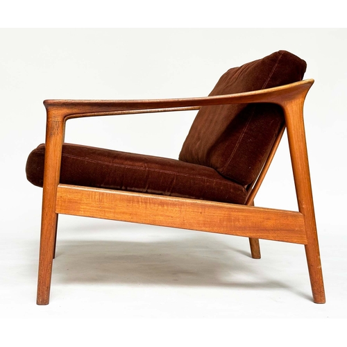 287 - ATTRIBUTED TO BODAFORS ARMCHAIR BY FOLKE OHLSSON, 1970s Swedish teak framed with brown velvet uphols... 