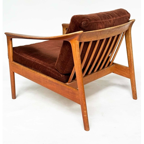 287 - ATTRIBUTED TO BODAFORS ARMCHAIR BY FOLKE OHLSSON, 1970s Swedish teak framed with brown velvet uphols... 