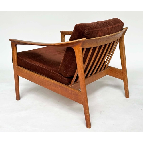 287 - ATTRIBUTED TO BODAFORS ARMCHAIR BY FOLKE OHLSSON, 1970s Swedish teak framed with brown velvet uphols... 