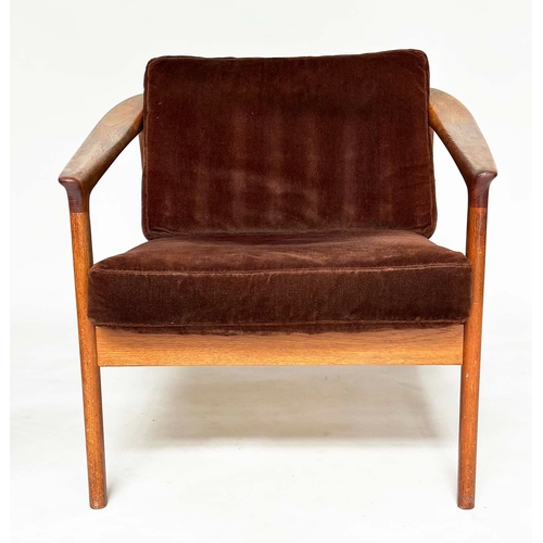 287 - ATTRIBUTED TO BODAFORS ARMCHAIR BY FOLKE OHLSSON, 1970s Swedish teak framed with brown velvet uphols... 
