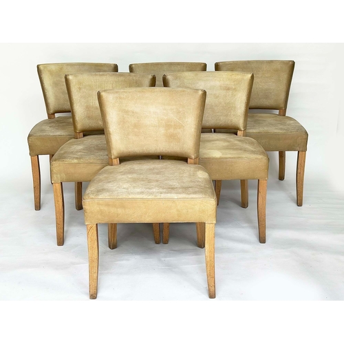 291 - WYCHWOOD DESIGN DINING CHAIRS, a set of six, sage green leather upholstered and solid oak frames, 56... 