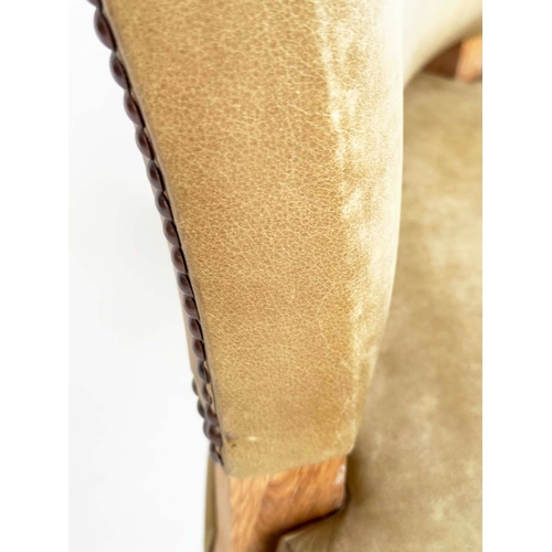 291 - WYCHWOOD DESIGN DINING CHAIRS, a set of six, sage green leather upholstered and solid oak frames, 56... 