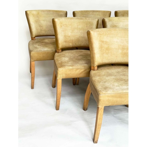 291 - WYCHWOOD DESIGN DINING CHAIRS, a set of six, sage green leather upholstered and solid oak frames, 56... 