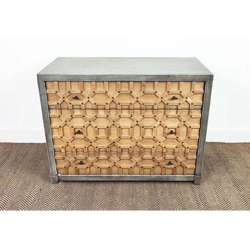 386 - CHEST OF DRAWERS, metal with three drawers, 98cm x 49cm x 74cm.