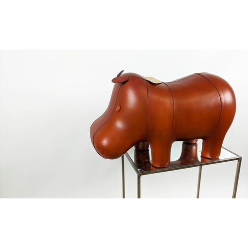 390 - HIPPO FOOTSTOOL, tan leather 41cm H x 70cm L x 31cm W.