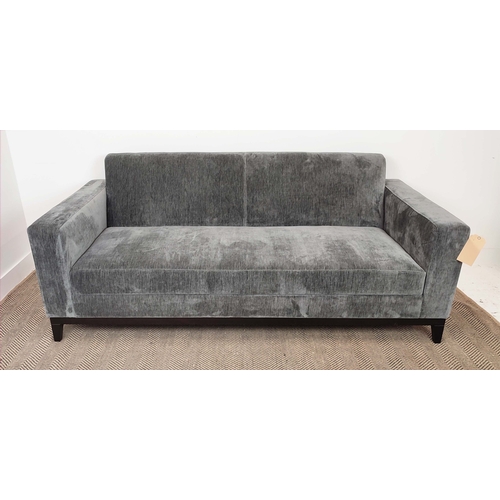 396 - SOFA, contemporary design, grey fabric upholstered, ebonised supports, 200cm x 80cm x 90cm.