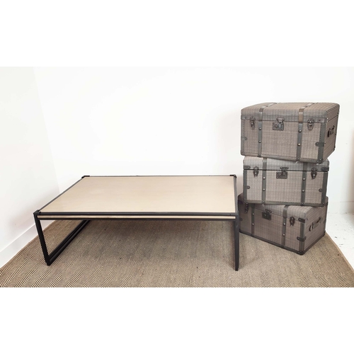 404 - LOW TABLE, 160cm x 90cm x 49cm, with three upohlstered trunks, 65cm x 45cm x 41cm approx. (4)