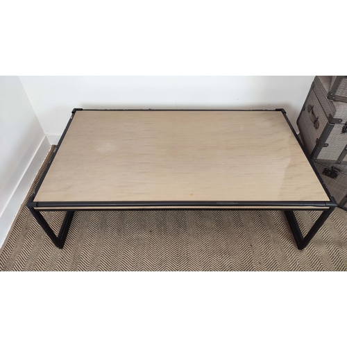 404 - LOW TABLE, 160cm x 90cm x 49cm, with three upohlstered trunks, 65cm x 45cm x 41cm approx. (4)