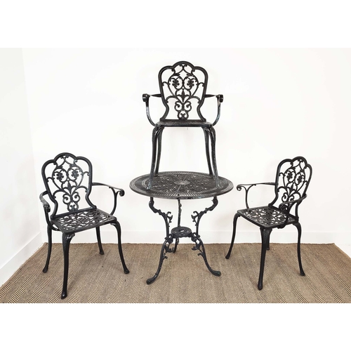 454 - GARDEN TABLE, circular back metal, 74cm H x 80cm D and a set of three armchairs, 91cm H x 58cm W. (4... 