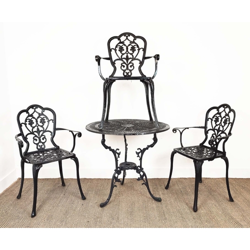 454 - GARDEN TABLE, circular back metal, 74cm H x 80cm D and a set of three armchairs, 91cm H x 58cm W. (4... 