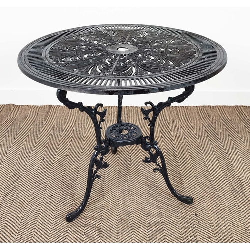 454 - GARDEN TABLE, circular back metal, 74cm H x 80cm D and a set of three armchairs, 91cm H x 58cm W. (4... 