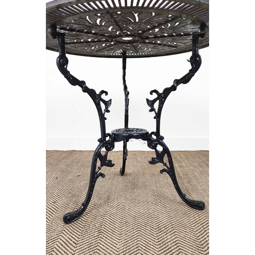 454 - GARDEN TABLE, circular back metal, 74cm H x 80cm D and a set of three armchairs, 91cm H x 58cm W. (4... 