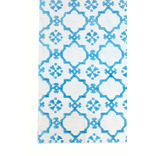 84 - CONTEMPORARY SILK AND WOOL CARPET, 300cm x 200cm, in an aquamarine lattice design.