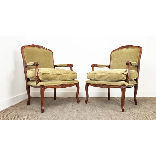 85 - FAUTEUILS, a pair, Louis XV style beechwood in green chenille, 95cm H x 67cm. (2)