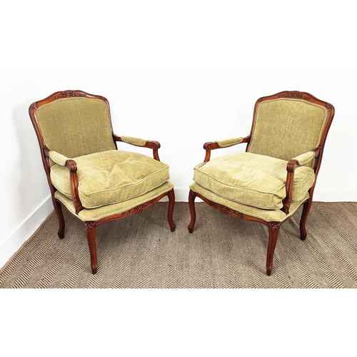 85 - FAUTEUILS, a pair, Louis XV style beechwood in green chenille, 95cm H x 67cm. (2)