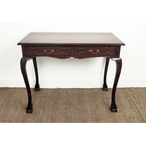 86 - WRITING TABLE, late Victorian mahogany of two drawers, 71cm H x 90cm x 46cm.