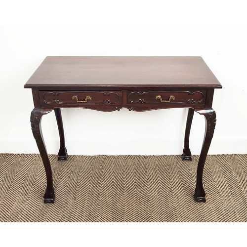 86 - WRITING TABLE, late Victorian mahogany of two drawers, 71cm H x 90cm x 46cm.