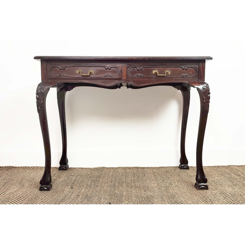 86 - WRITING TABLE, late Victorian mahogany of two drawers, 71cm H x 90cm x 46cm.