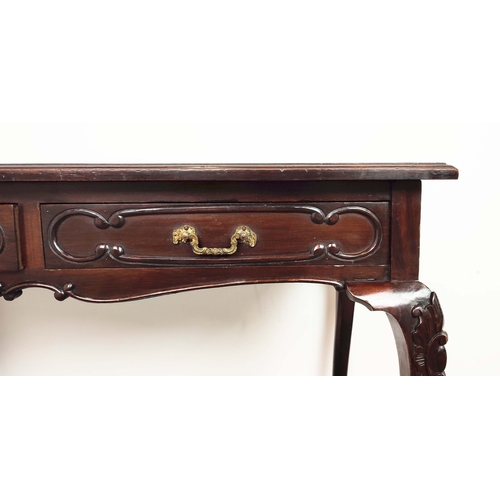 86 - WRITING TABLE, late Victorian mahogany of two drawers, 71cm H x 90cm x 46cm.