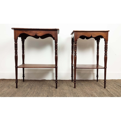 87 - OCCASIONAL TABLES, a near pair, George IV mahogany, two tiered, 74cm H x 58cm x 41cm and 73cm H x 45... 