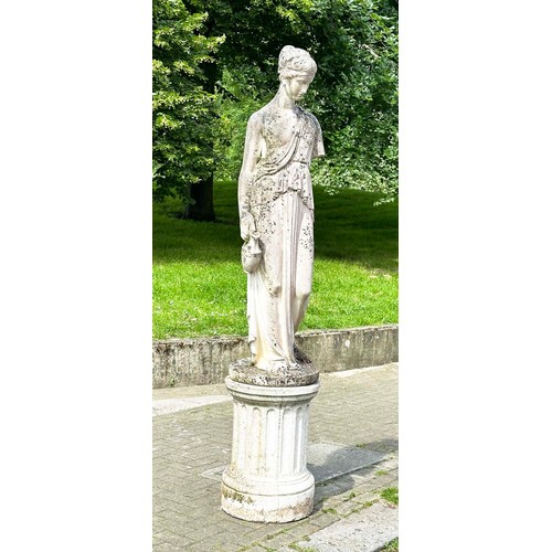 149 - GARDEN STATUE WATER CARRIER, well weathered reconstituted stone on a circular fluted plinth, 227cm H... 