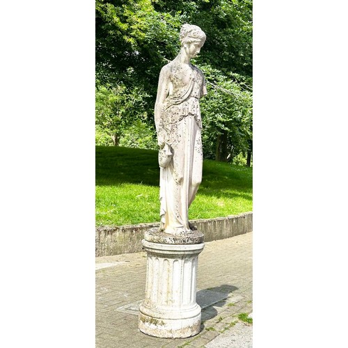 149 - GARDEN STATUE WATER CARRIER, well weathered reconstituted stone on a circular fluted plinth, 227cm H... 