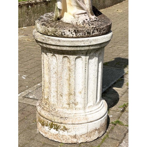 149 - GARDEN STATUE WATER CARRIER, well weathered reconstituted stone on a circular fluted plinth, 227cm H... 