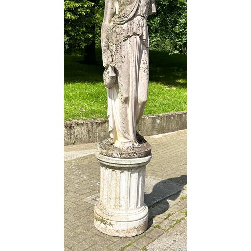 149 - GARDEN STATUE WATER CARRIER, well weathered reconstituted stone on a circular fluted plinth, 227cm H... 