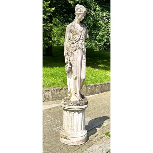 149 - GARDEN STATUE WATER CARRIER, well weathered reconstituted stone on a circular fluted plinth, 227cm H... 