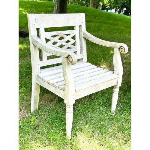 150 - COLONIAL STYLE GARDEN ARMCHAIRS, a pair, nicely weather high grade teak, each with pierced trellis c... 