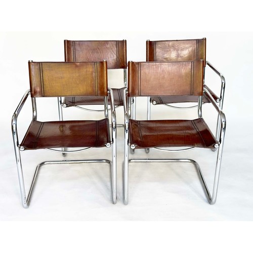 295 - DINING ARMCHAIRS, a set of four, Bauhaus style design, stitched hand finished tan brown leather and ... 